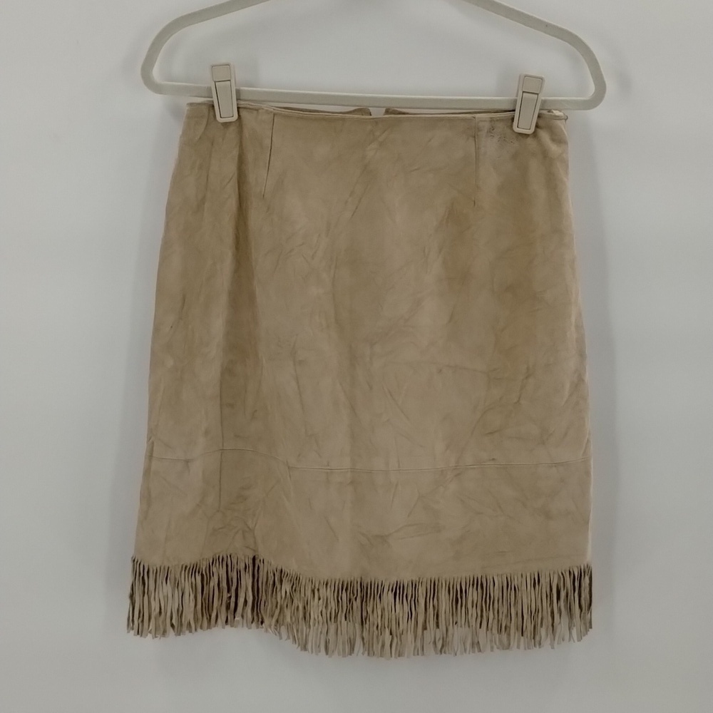 Cuir Zebra Leather suede beige cream fringe skirt vintage size 8